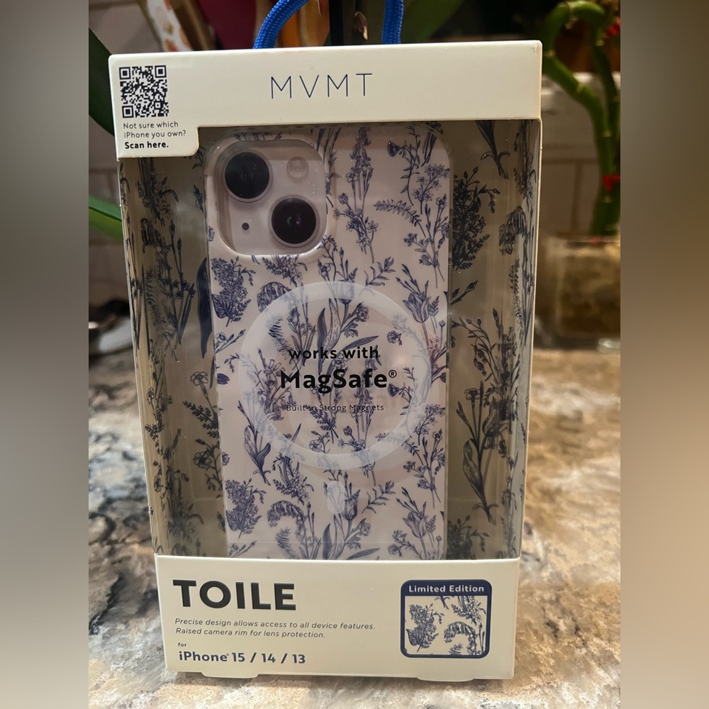 MagSafe Compatible Floral IPhone Case - Blue on Cream Works with 13, 14, 15
